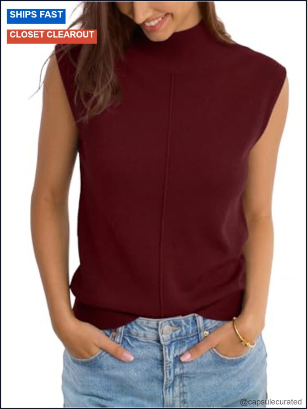 Wool Blend Mock Neck Tank Top Sleeveless Sweater Vest for Women